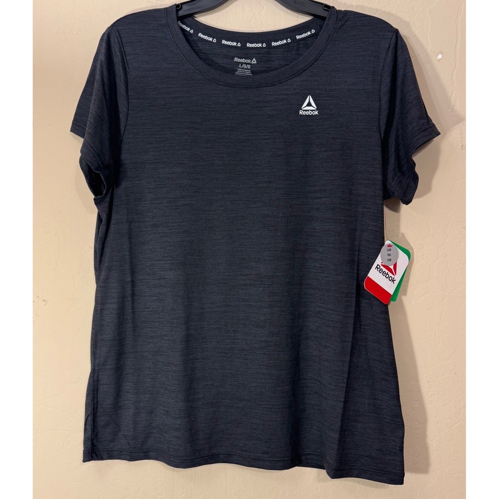 Reebok T-Shirt Women Large Charcoal Grey Slim Fit Space Dye Active NEW